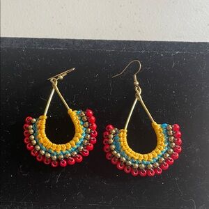 Handwoven Yellow, Blue & Red Hoop Earrings